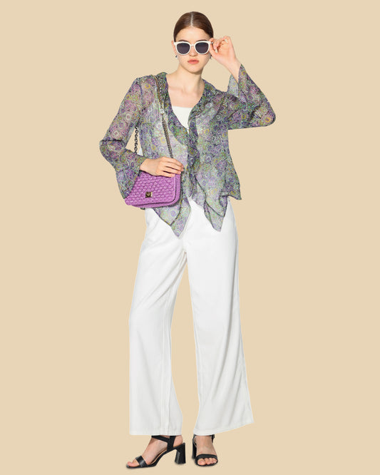 Sheer Floral Georgette Blouse with Wavy Hem