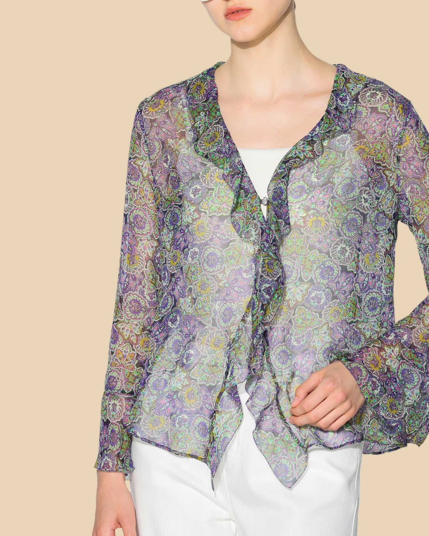 Sheer Floral Georgette Blouse with Wavy Hem