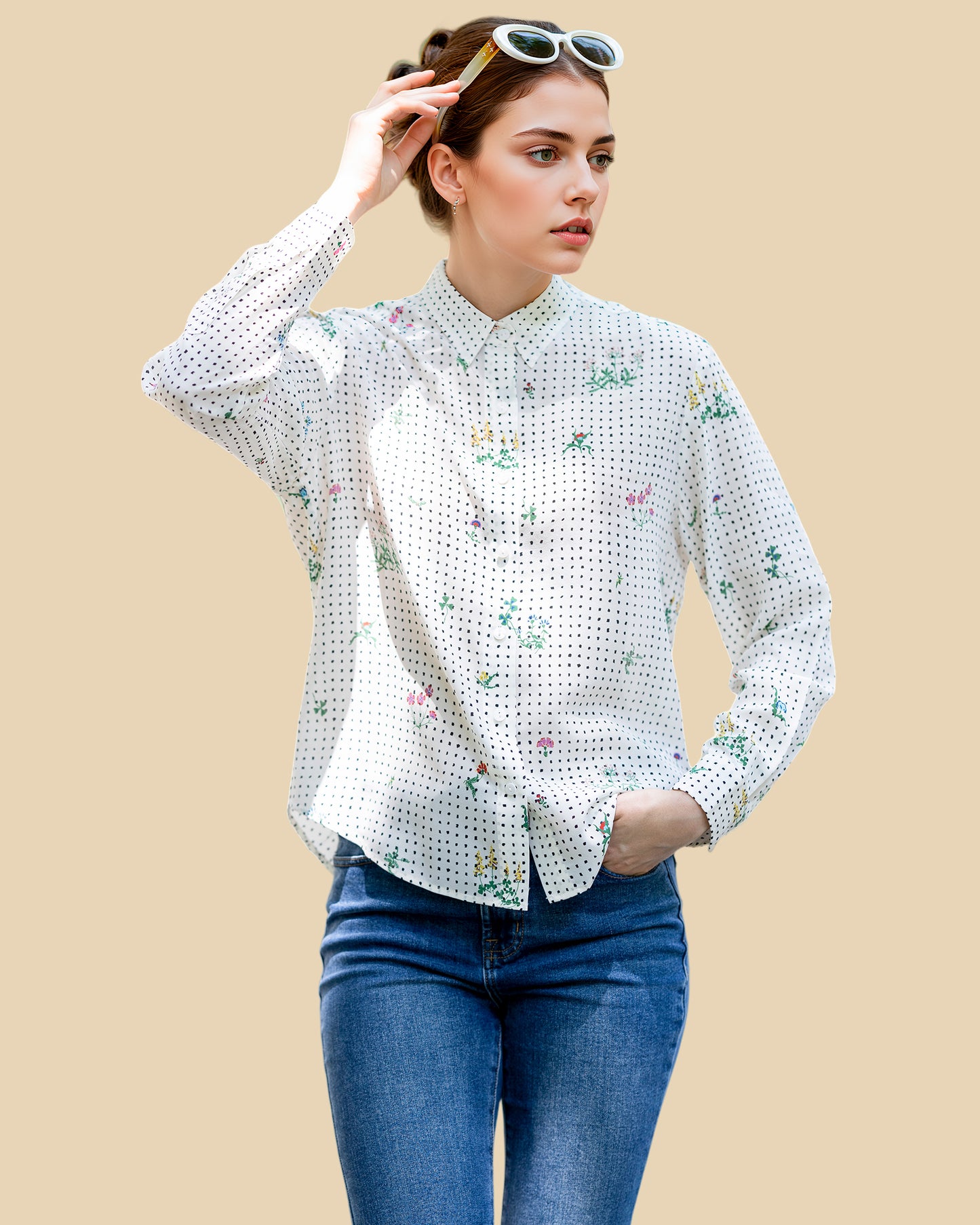 French-Chic Silk Blouse with Botanical Polka Print