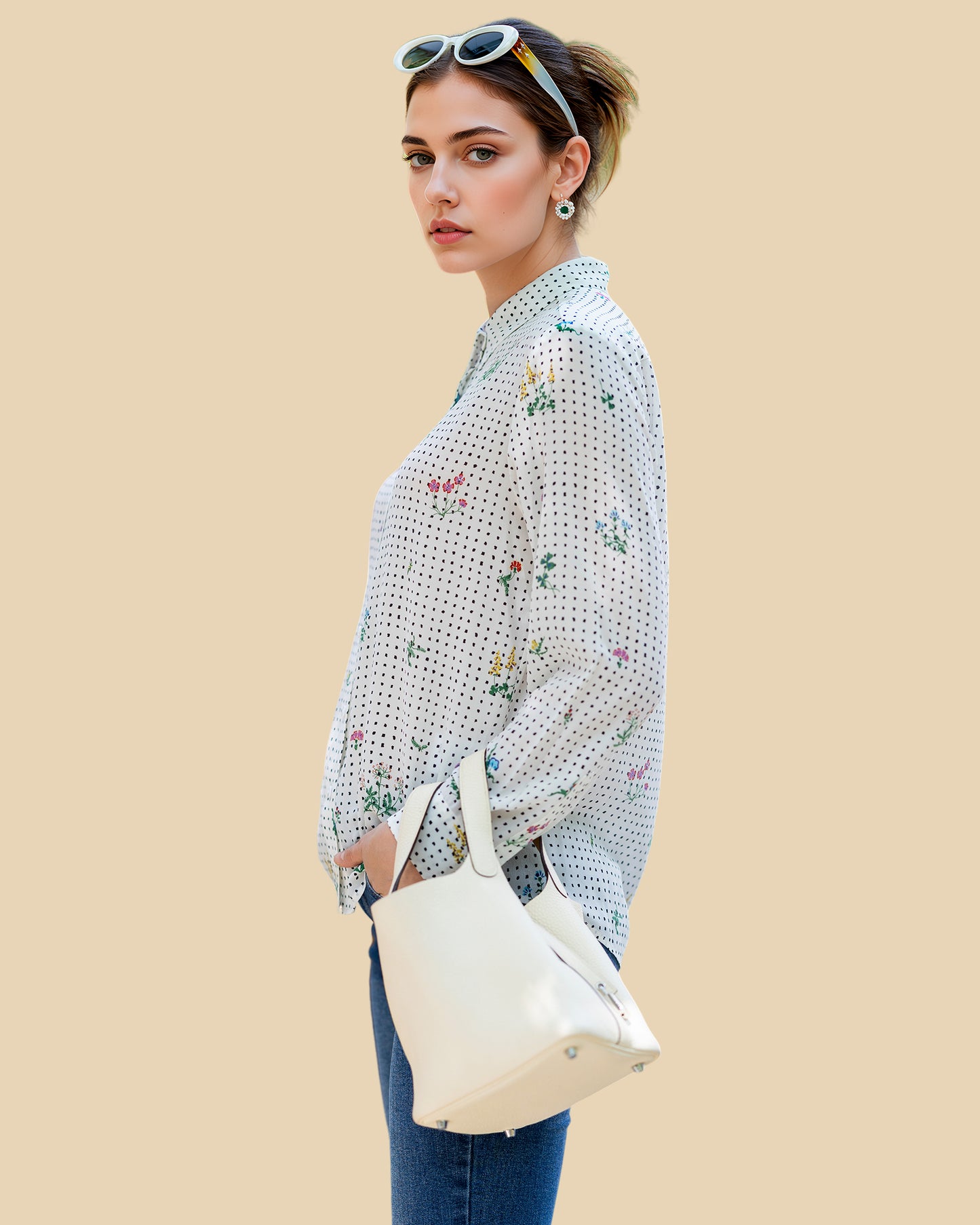 French-Chic Silk Blouse with Botanical Polka Print