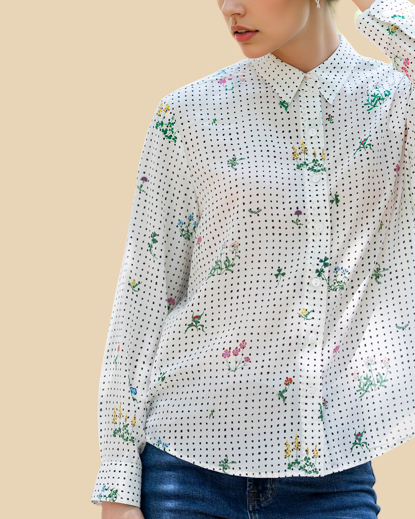 French-Chic Silk Blouse with Botanical Polka Print
