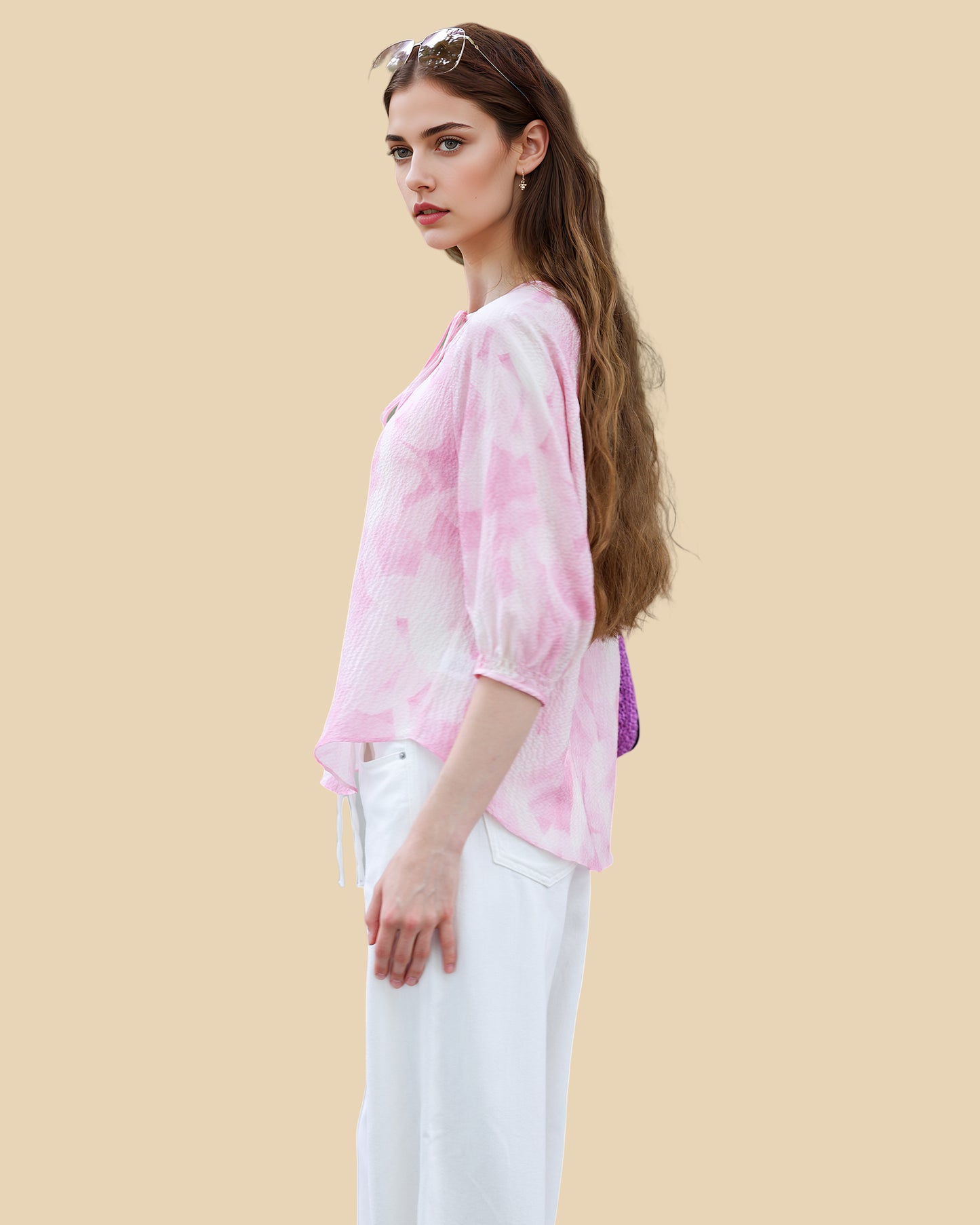 Silk Tie-Neck Blouse in Peach Blush