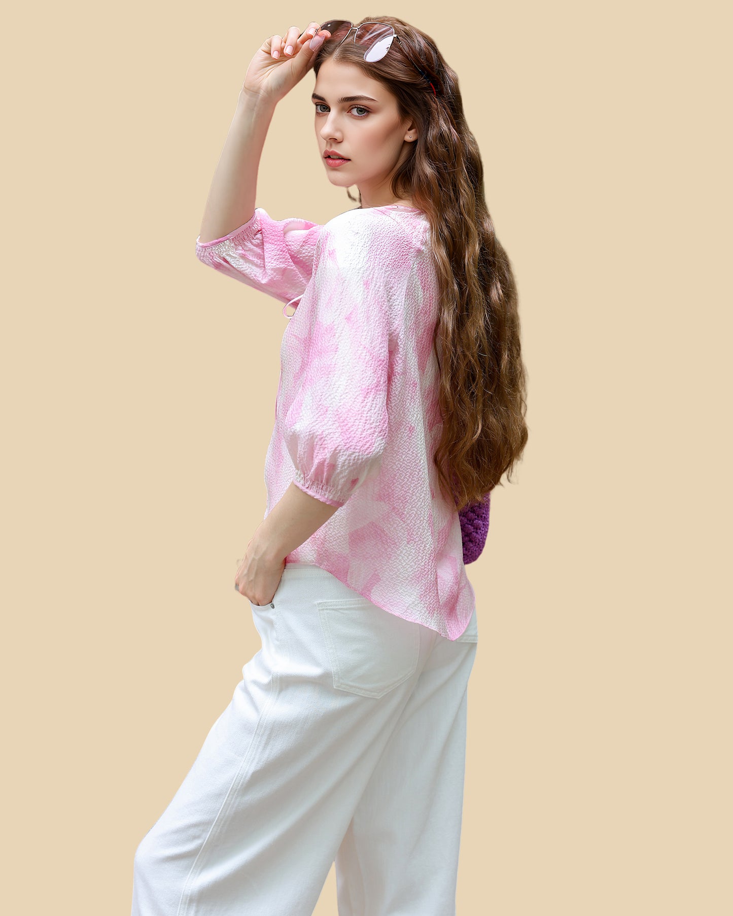 Silk Tie-Neck Blouse in Peach Blush
