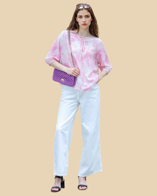 Silk Tie-Neck Blouse in Peach Blush