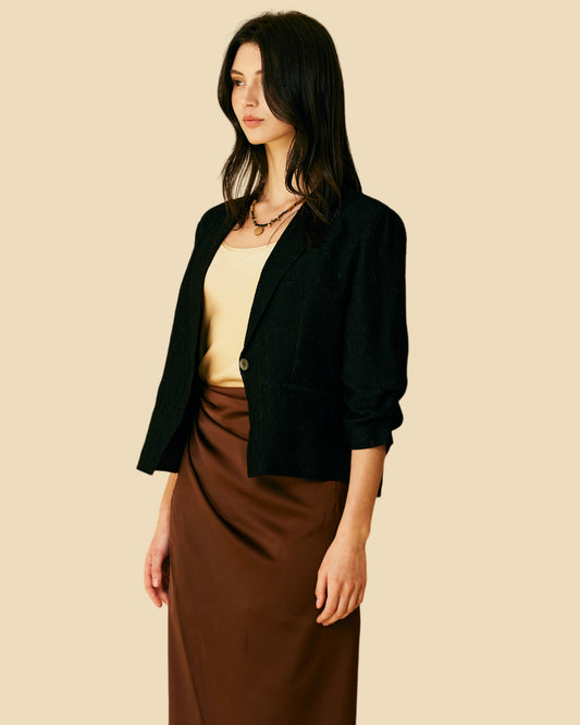 24-Momme Black Stretch Jacquard Silk Blend Coat