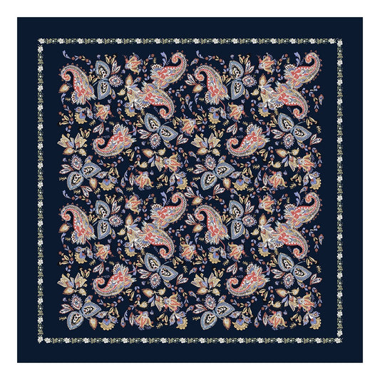 Navy silk square scarf with colorful paisley and floral print laid flat