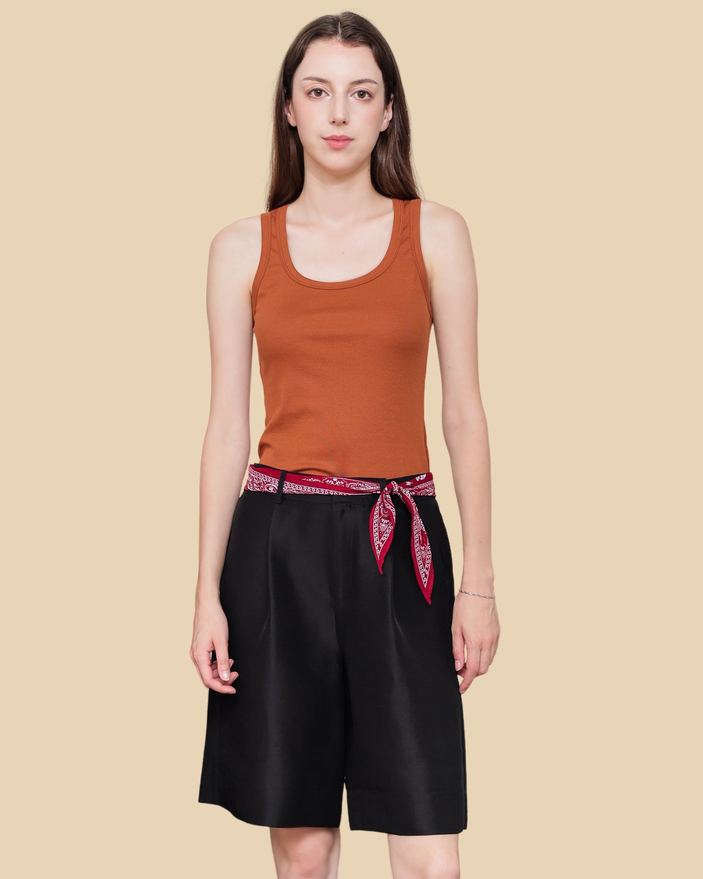 Silk-Cotton Ribbed Tank with Cross-Pleat Back Detail