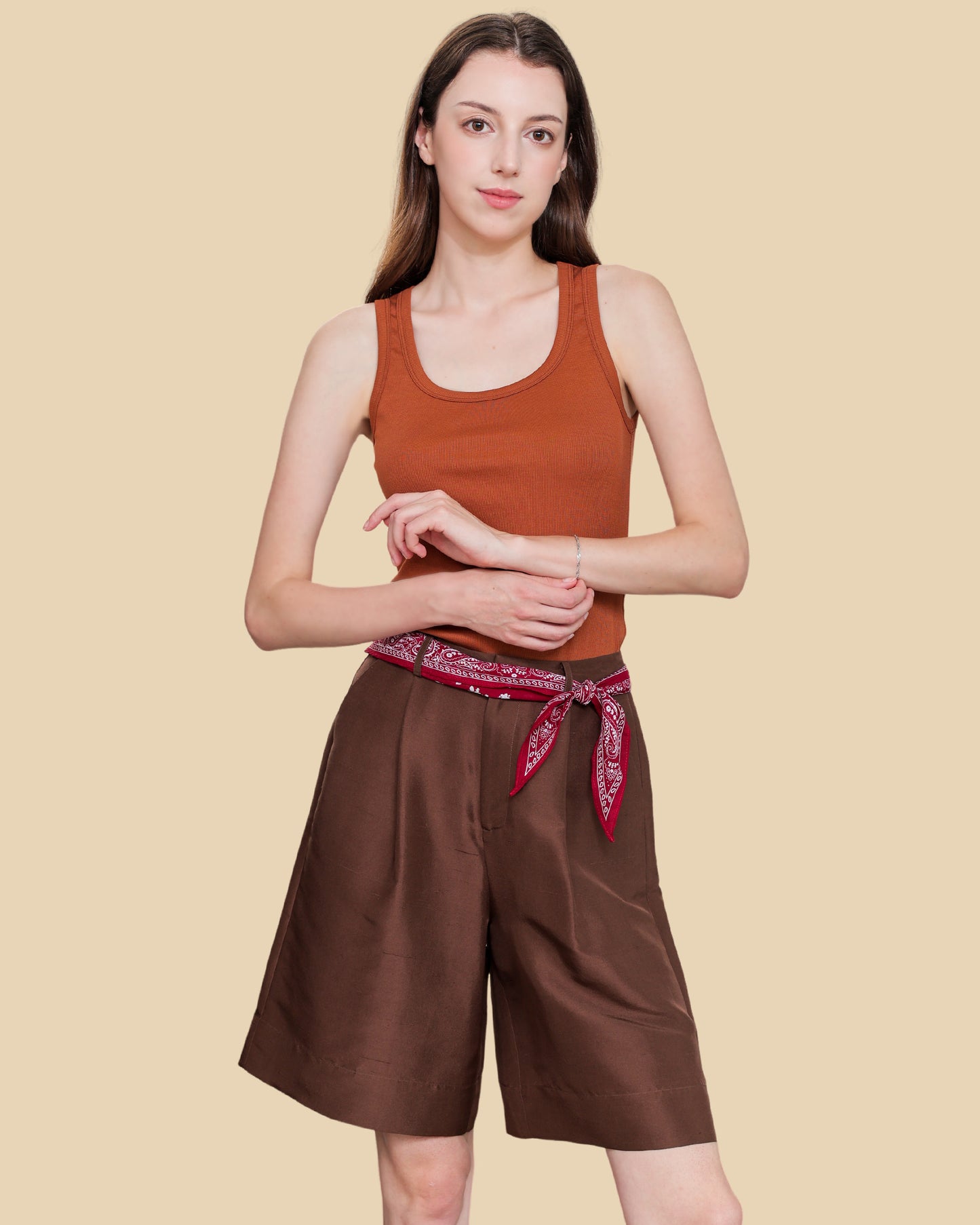 Silk-Cotton Ribbed Tank with Cross-Pleat Back Detail
