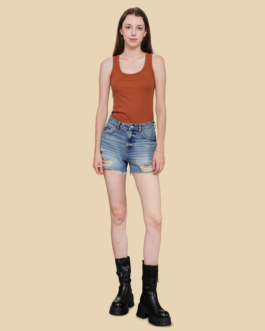 Silk-Cotton Ribbed Tank with Cross-Pleat Back Detail