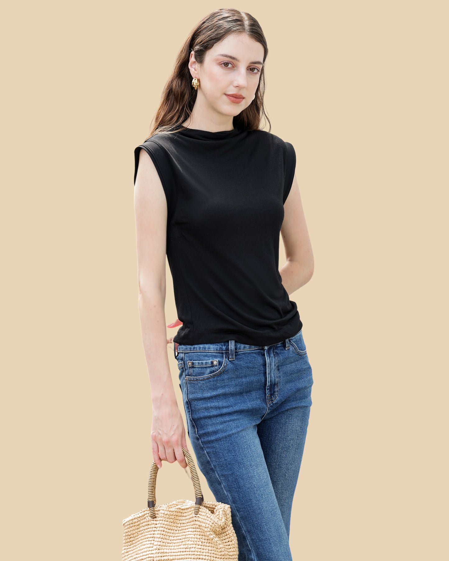 Modal-Silk Blend Mock Neck Ribbed Tee