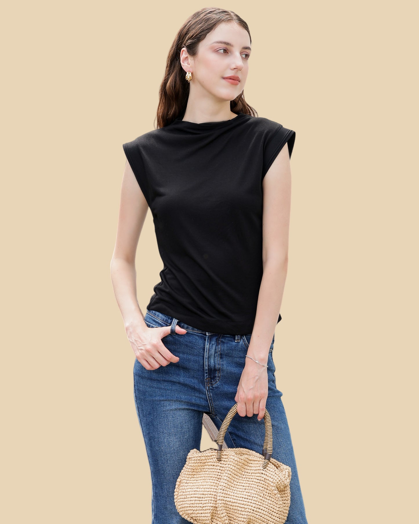 Modal-Silk Blend Mock Neck Ribbed Tee