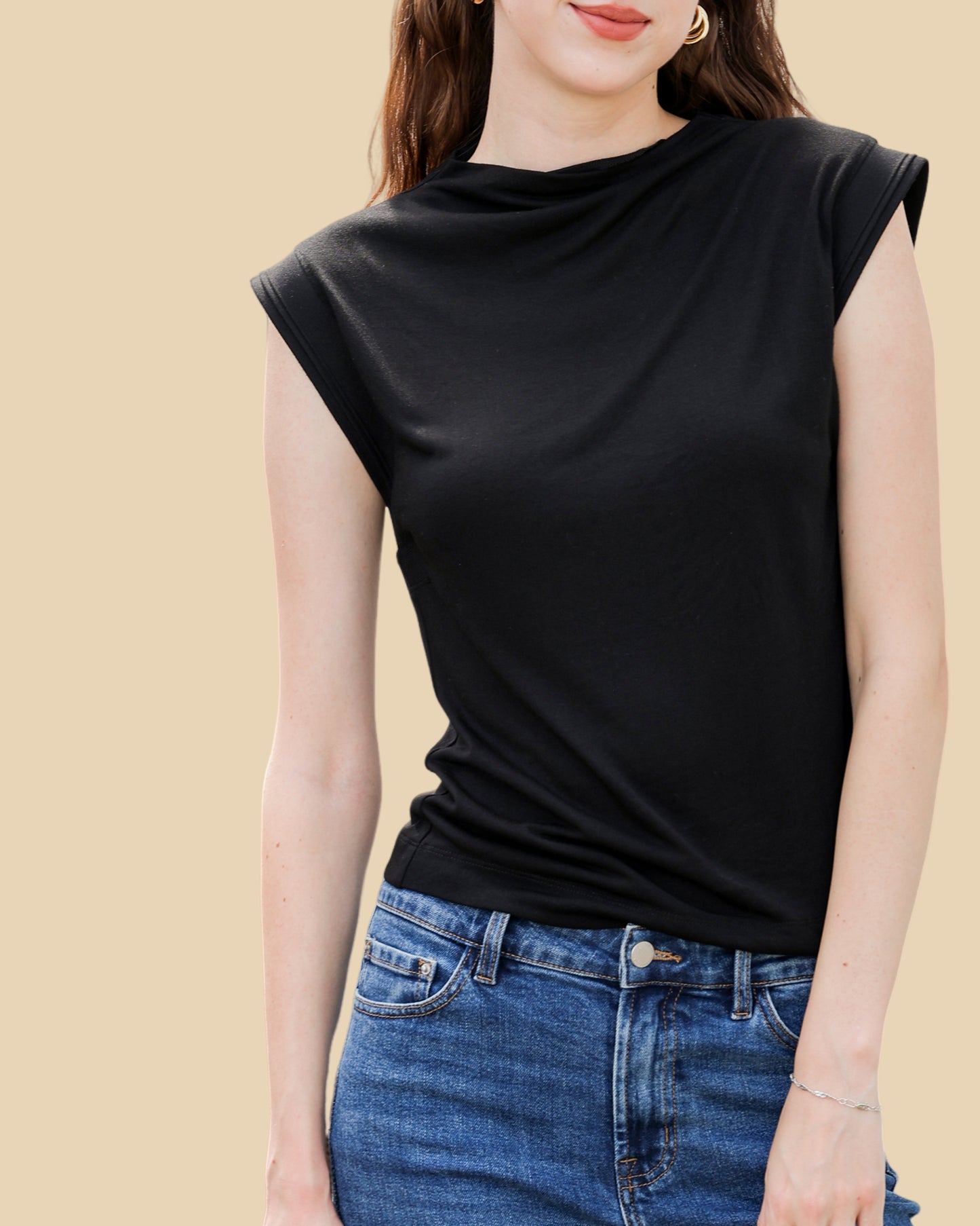 Modal-Silk Blend Mock Neck Ribbed Tee