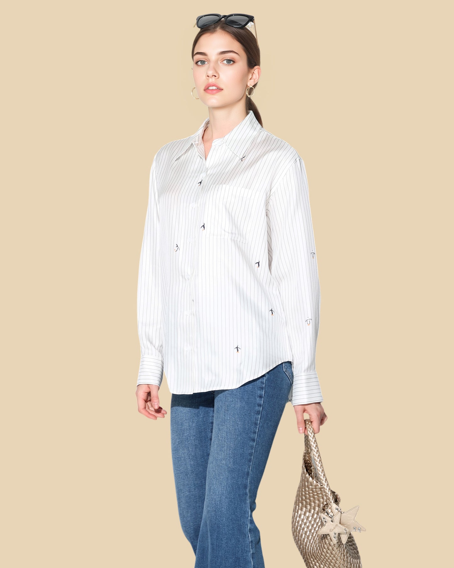 Silk Striped Shirt with Penguin Detail