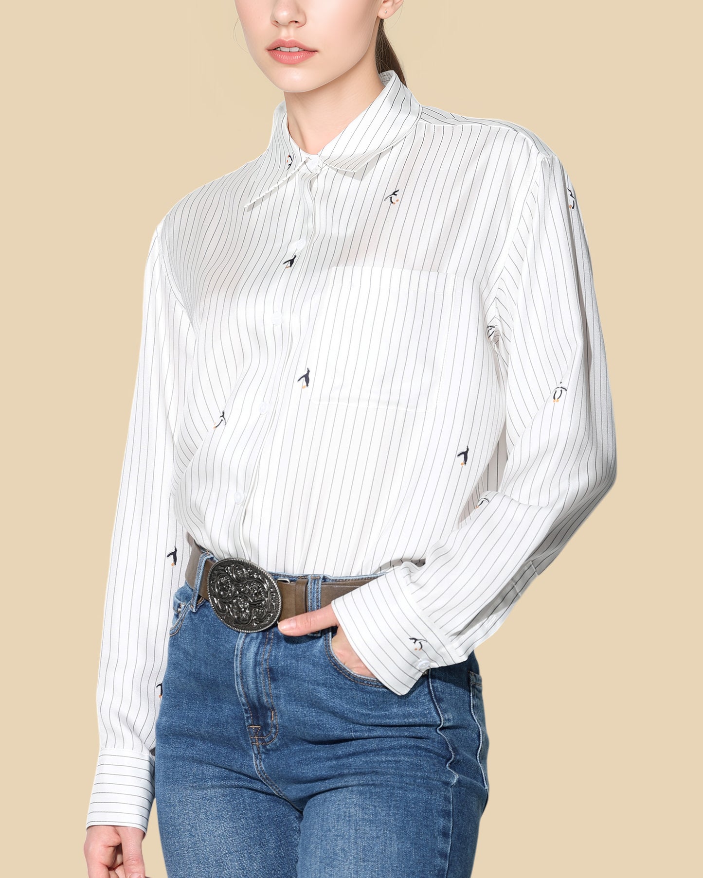 Silk Striped Shirt with Penguin Detail