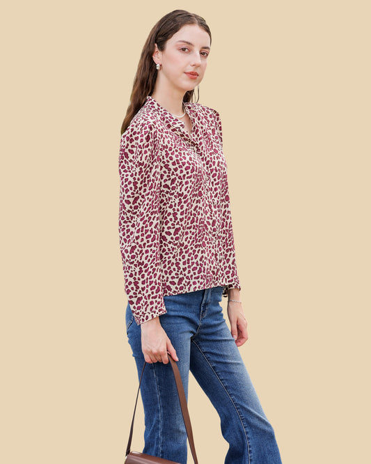 Leopard-Print Silk Blouse with Puff Sleeves