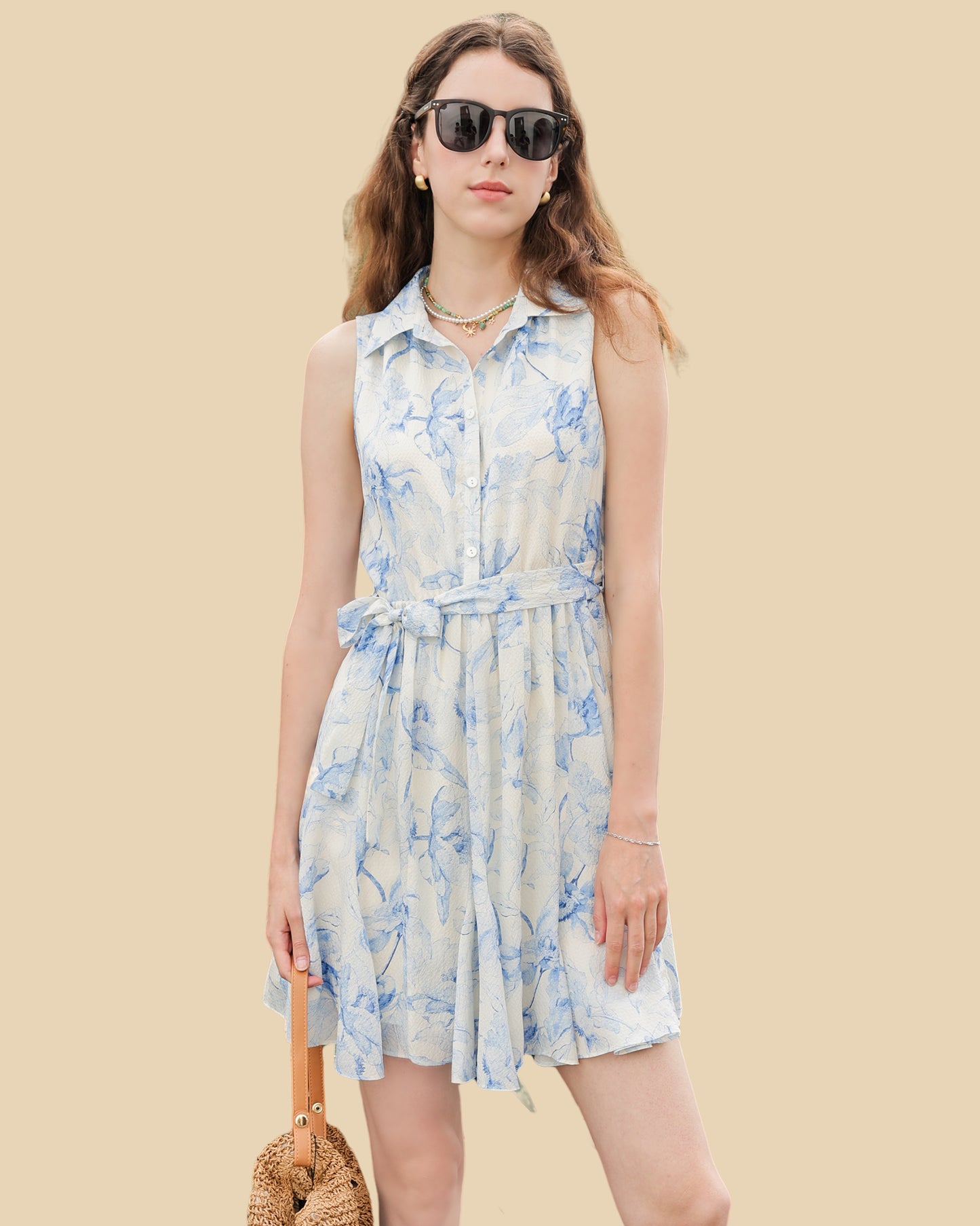 Ink-Blue Floral Silk Dress with Shirt Collar