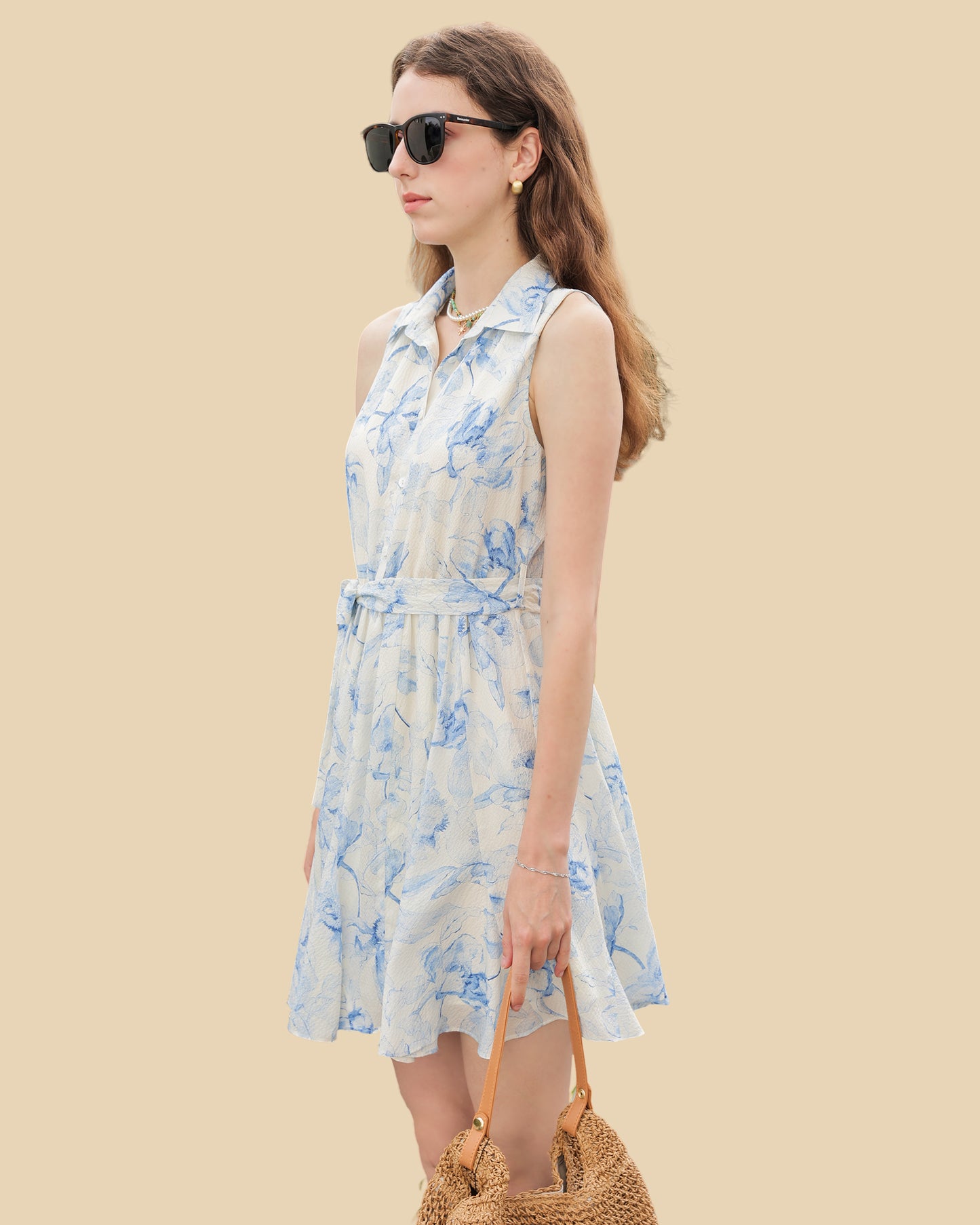 Ink-Blue Floral Silk Dress with Shirt Collar
