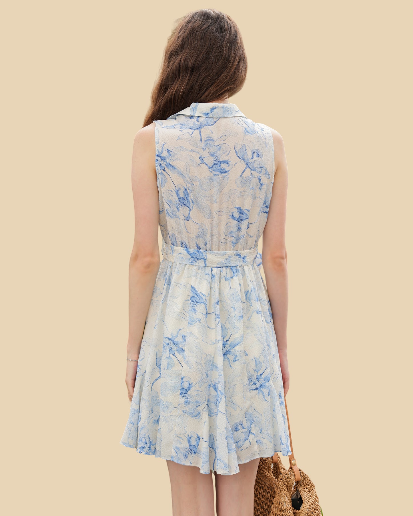 Ink-Blue Floral Silk Dress with Shirt Collar