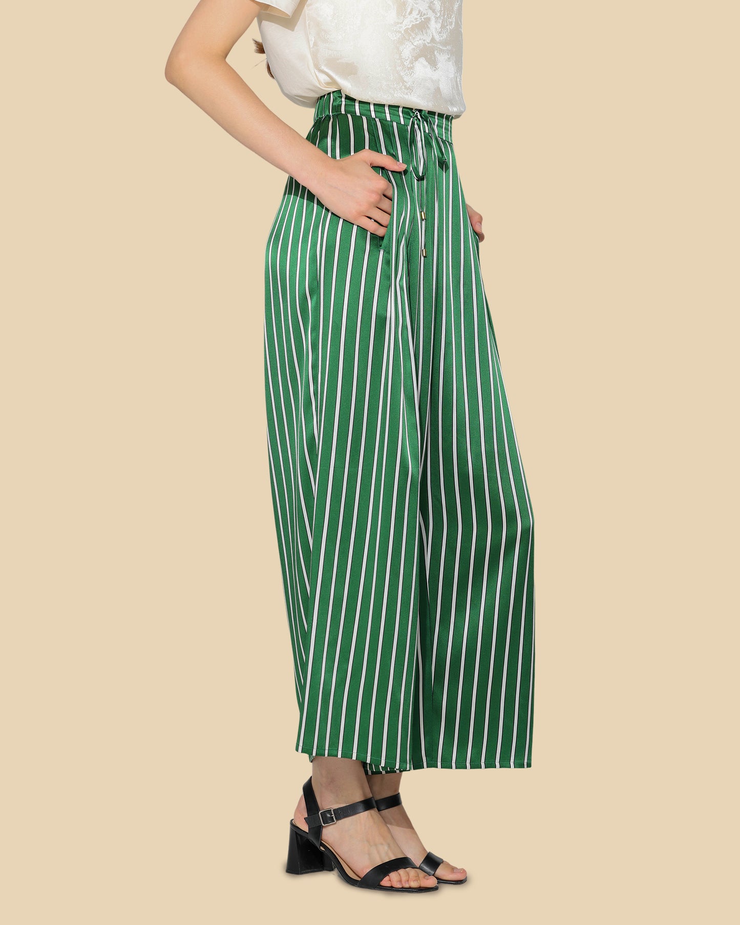 Silk Striped High-Waisted Trousers