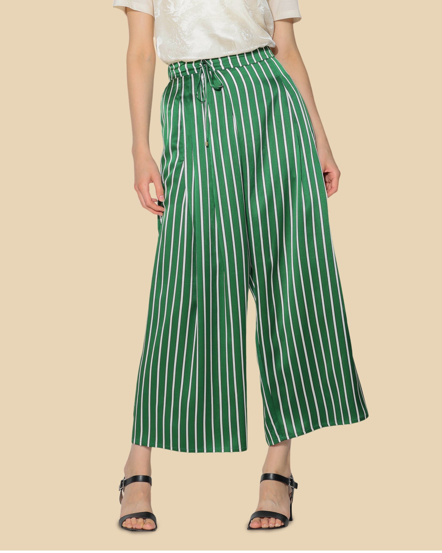 Silk Striped High-Waisted Trousers
