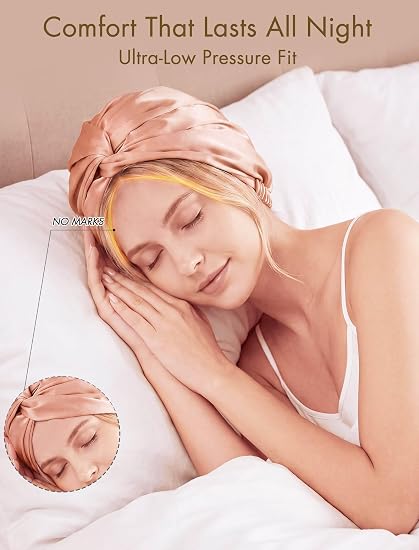 Rose gold silk bonnet shown during comfortable overnight wear