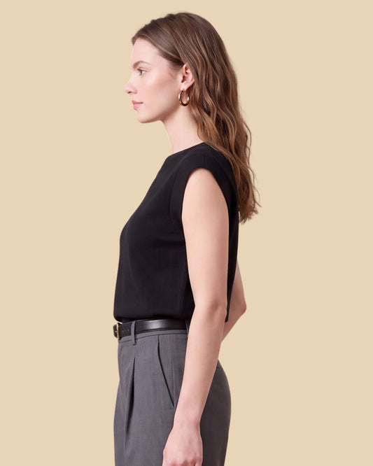 MoliSilk women's boat neck cap sleeve sweater in black, side view