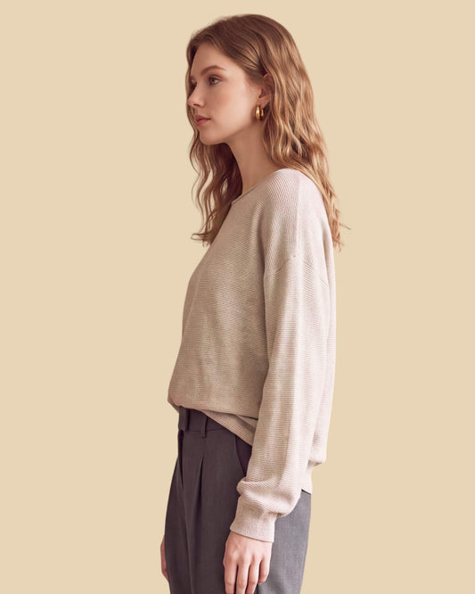 MoliSilk women's cotton-linen long sleeve crew neck sweater in white and brown, side view