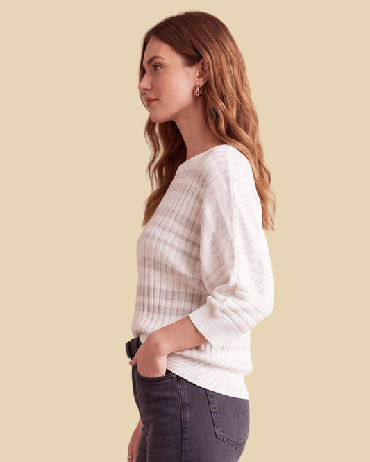 MoliSilk women's cotton-linen three-quarter sleeve crew neck sweater in a light neutral shade, side view
