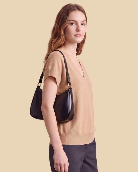 MoliSilk women's merino wool V-neck cap sleeve sweater in apricot, side view
