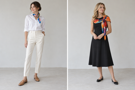AI-generated outfit concepts with colorful scarves and white separates or a black dress.