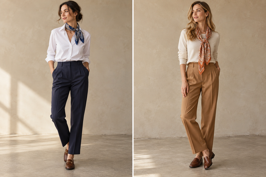 AI styling comparison of blue scarf with white and navy clothing, and rust scarf with cream and camel clothing.