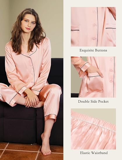 Women's pink silk pajama set front view