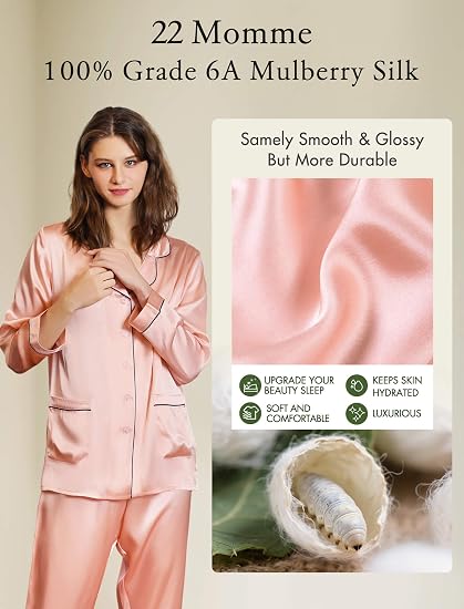 Pink 22 momme mulberry silk pajama set and fabric details