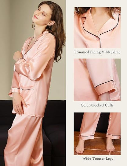 Silk pajama shirt with contrast piping and cuff details