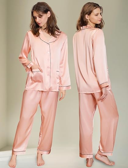 Pink silk pajamas front and back view