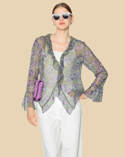 Sheer Floral Georgette Blouse with Wavy Hem