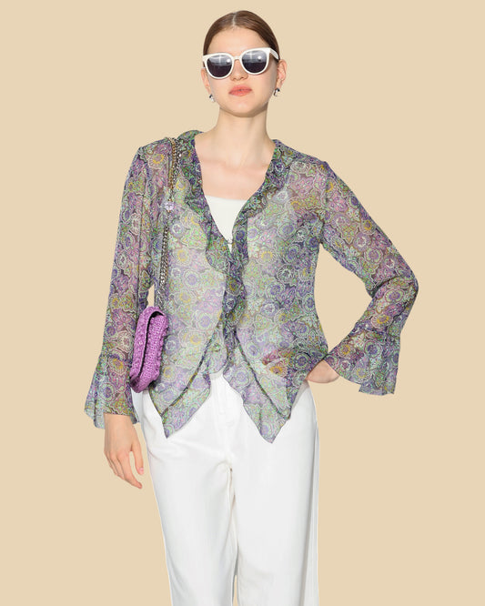 Sheer Floral Georgette Blouse with Wavy Hem