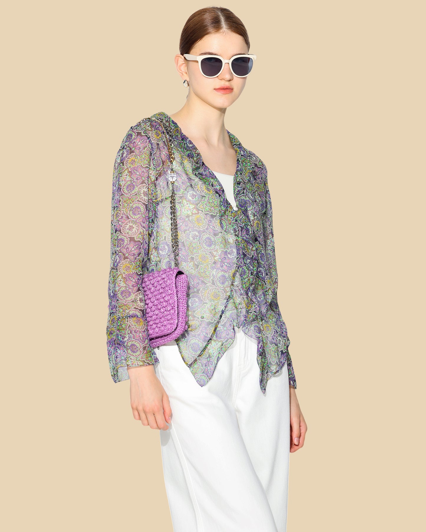 Sheer Floral Georgette Blouse with Wavy Hem