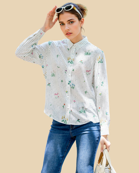 French-Chic Silk Blouse with Botanical Polka Print