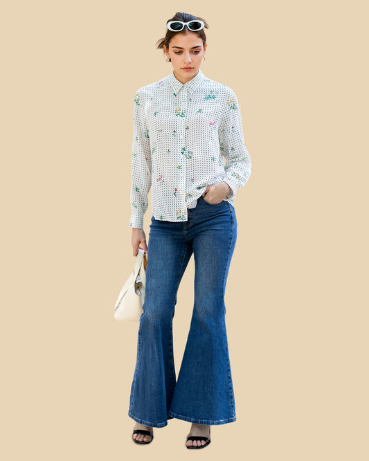 French-Chic Silk Blouse with Botanical Polka Print