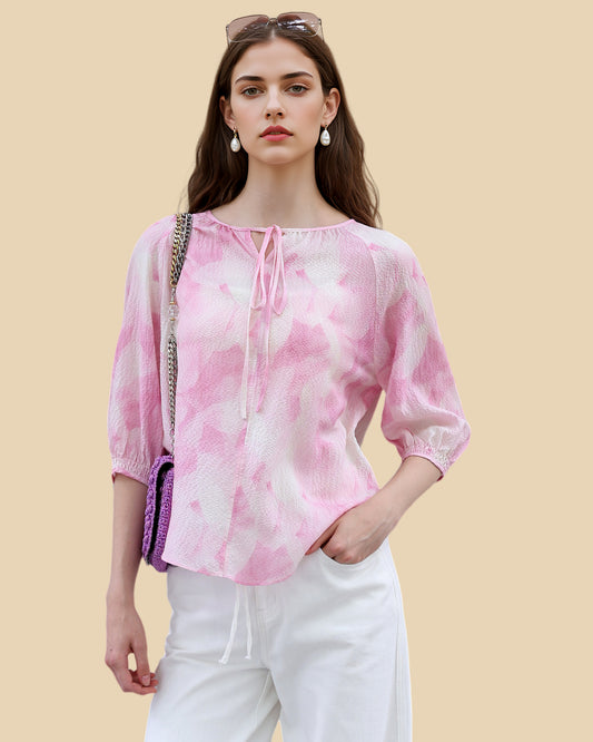 Silk Tie-Neck Blouse in Peach Blush