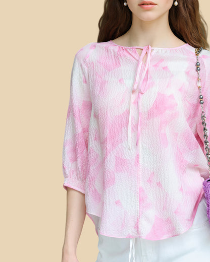 Silk Tie-Neck Blouse in Peach Blush