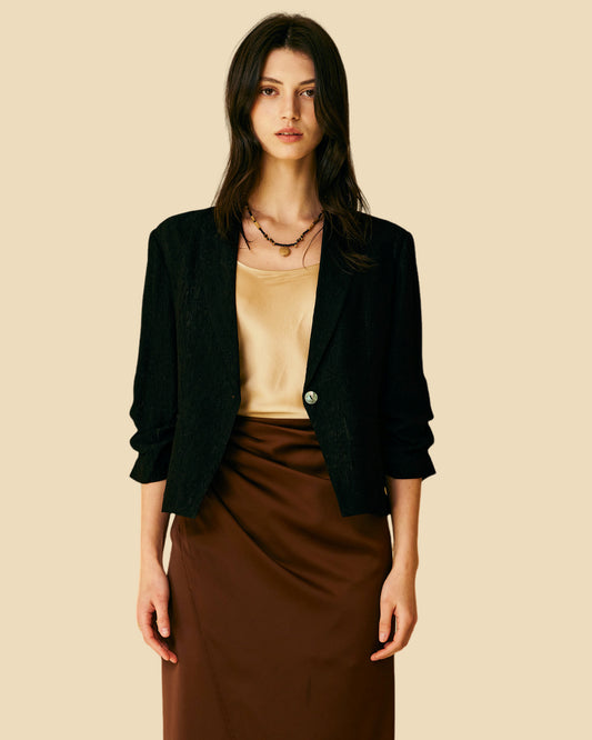 24-Momme Black Stretch Jacquard Silk Blend Coat