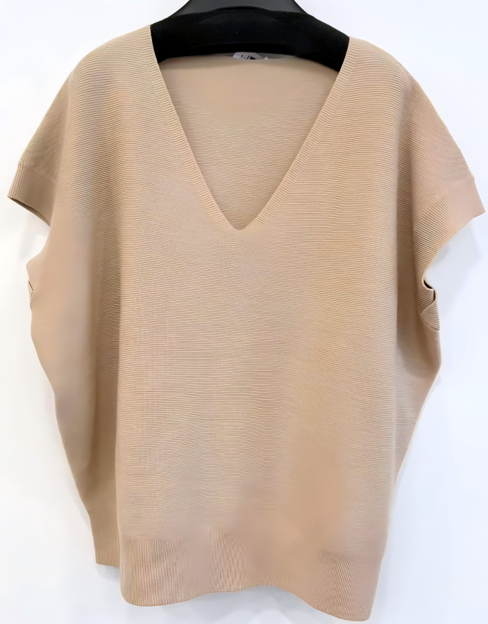 WOMEN'S KNITTED PULLOVER IN V-NECK, CAP SLEEVE