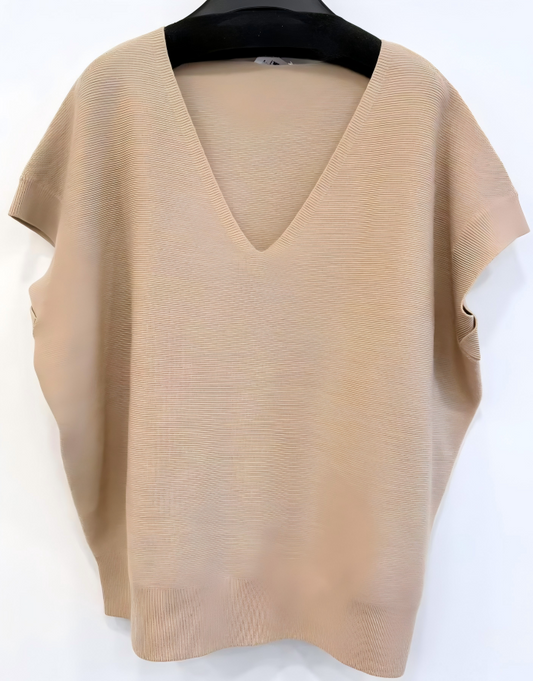 WOMEN'S KNITTED PULLOVER IN V-NECK, CAP SLEEVE