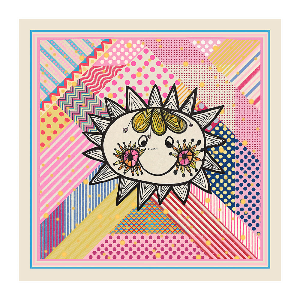 Full view of the colorful sun motif silk scarf