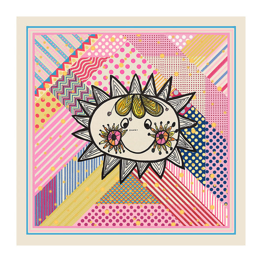 Full view of the colorful sun motif silk scarf