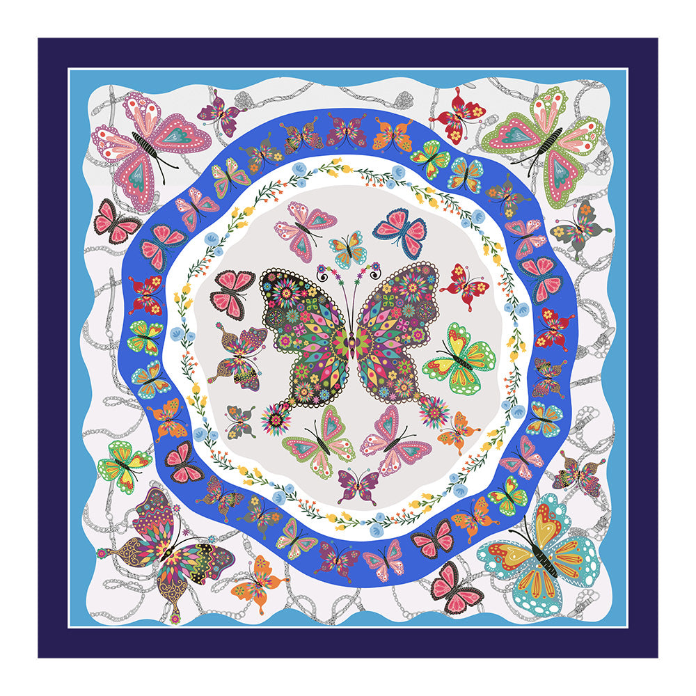 Full view of the multicolor butterfly print silk scarf