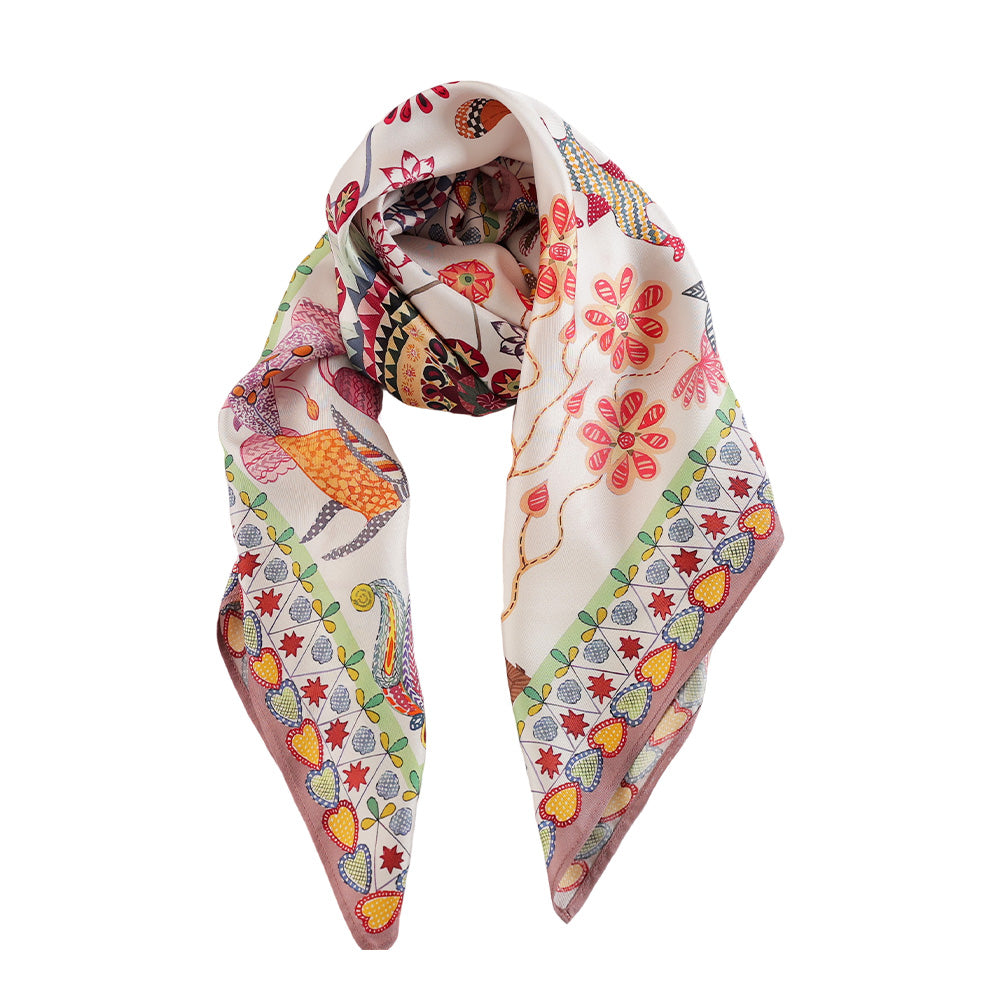 Draped view of the colorful silk scarf