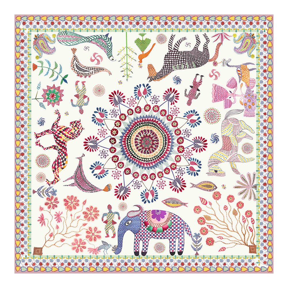 Full view of the colorful animal and floral silk scarf print